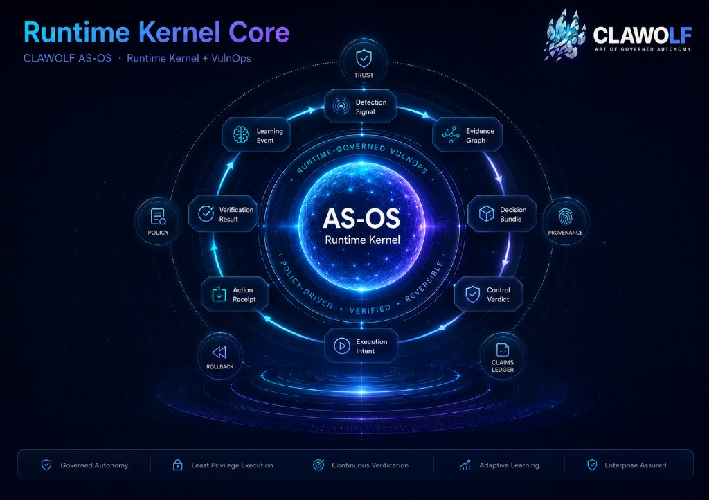 Runtime Kernel Core — CLAWOLF AS-OS governed eight-stage lifecycle: Detection Signal, Evidence Graph, Decision Bundle, Control Verdict, Execution Intent, Action Receipt, Verification Result, Learning Event