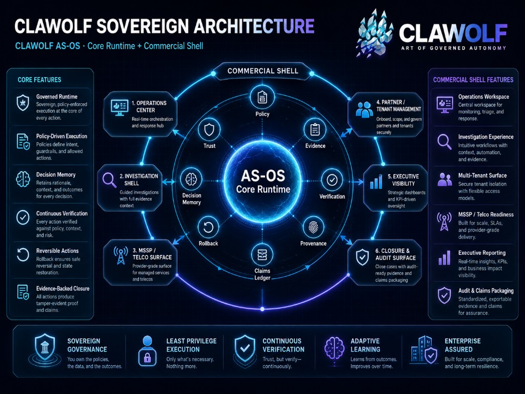 CLAWOLF Sovereign Architecture — AS-OS Core Runtime plus Commercial Shell: Trust, Policy, Evidence, Verification, Provenance, Claims Ledger, Rollback, Decision Memory, Operations Center, Investigation Shell, MSSP Telco Surface