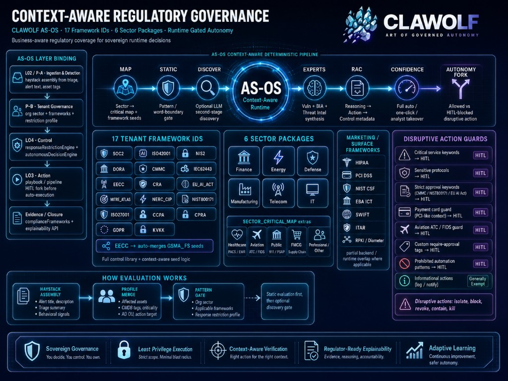 Context-Aware Regulatory Governance infographic — AS-OS layer binding, MAP to AUTONOMY FORK pipeline, 17 framework IDs, 6 sector packages, and HITL disruptive action guards