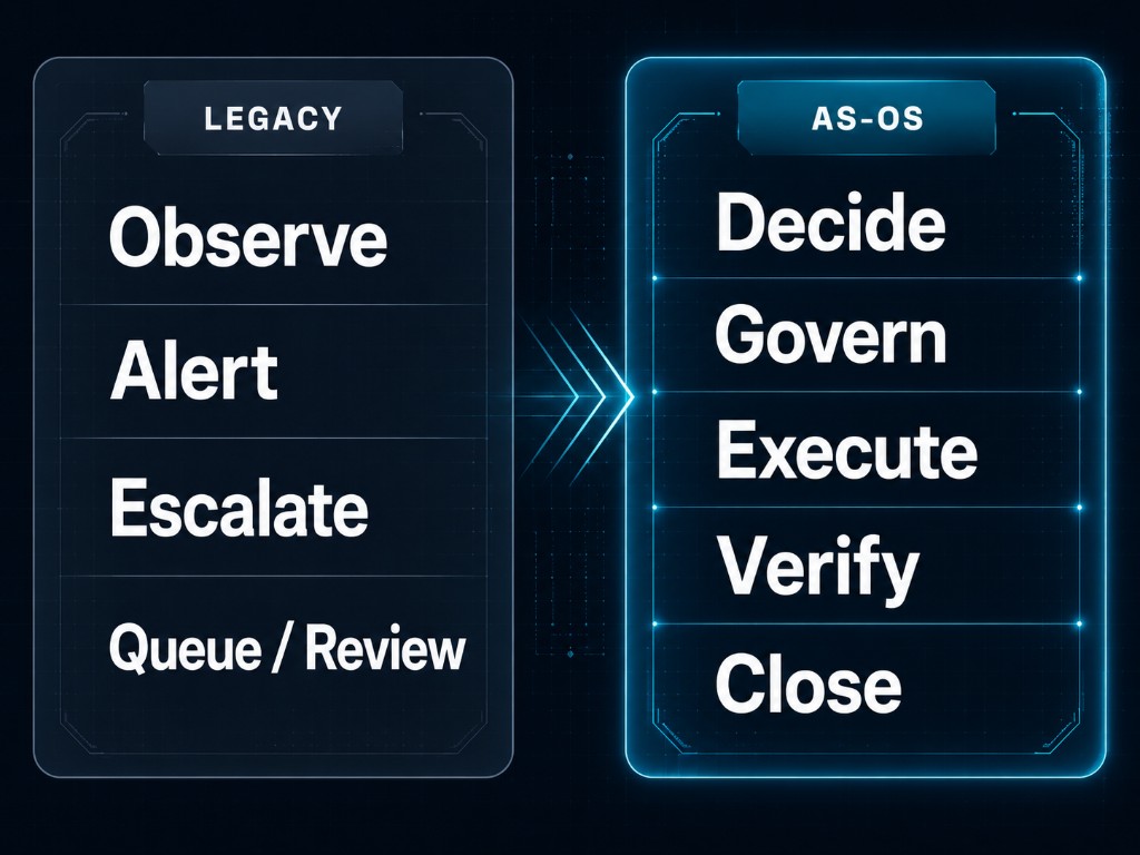 Legacy observe-alert-escalate versus AS-OS decide-govern-execute-verify-close comparison
