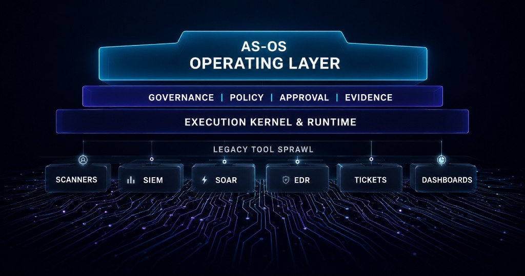 AS-OS operating layer above legacy tool sprawl: governance, execution kernel, and legacy security tools