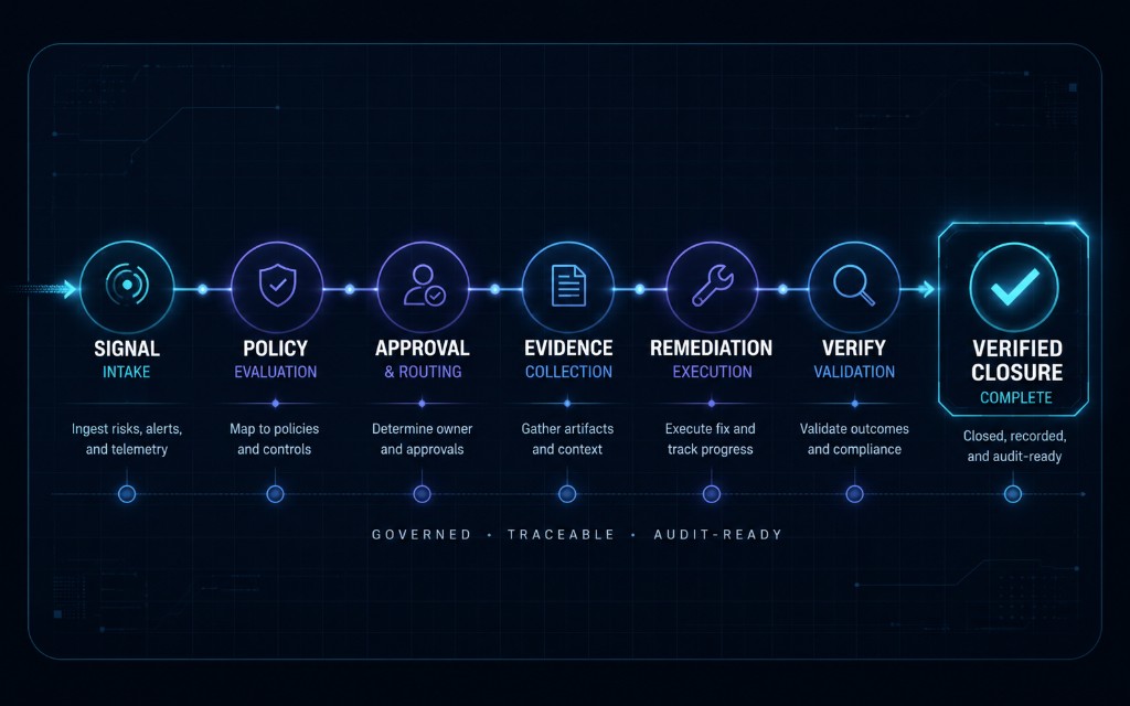 Governed execution path from signal intake through policy, approval, evidence, remediation, and verification to verified closure