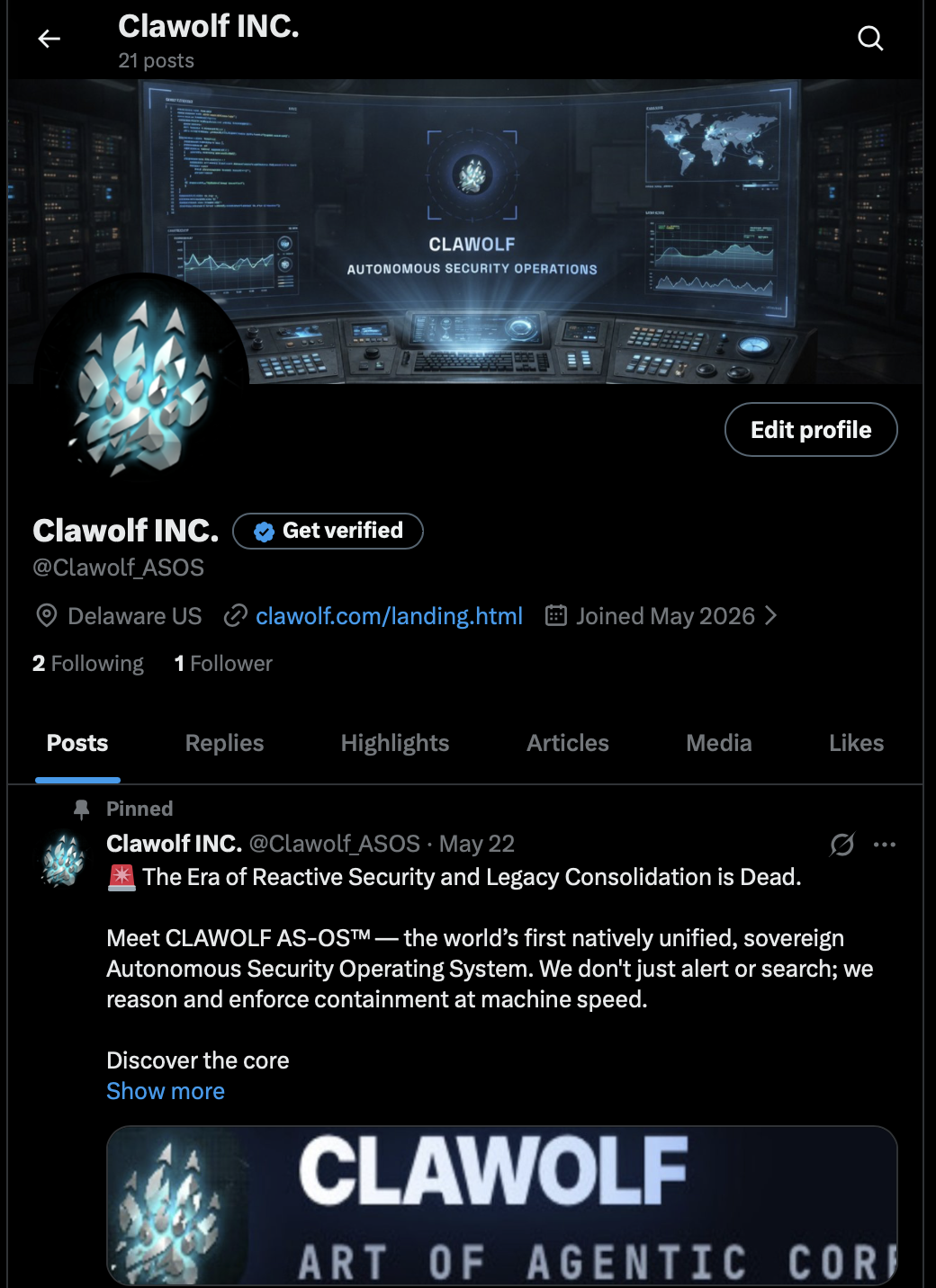 CLAWOLF official X account announcement